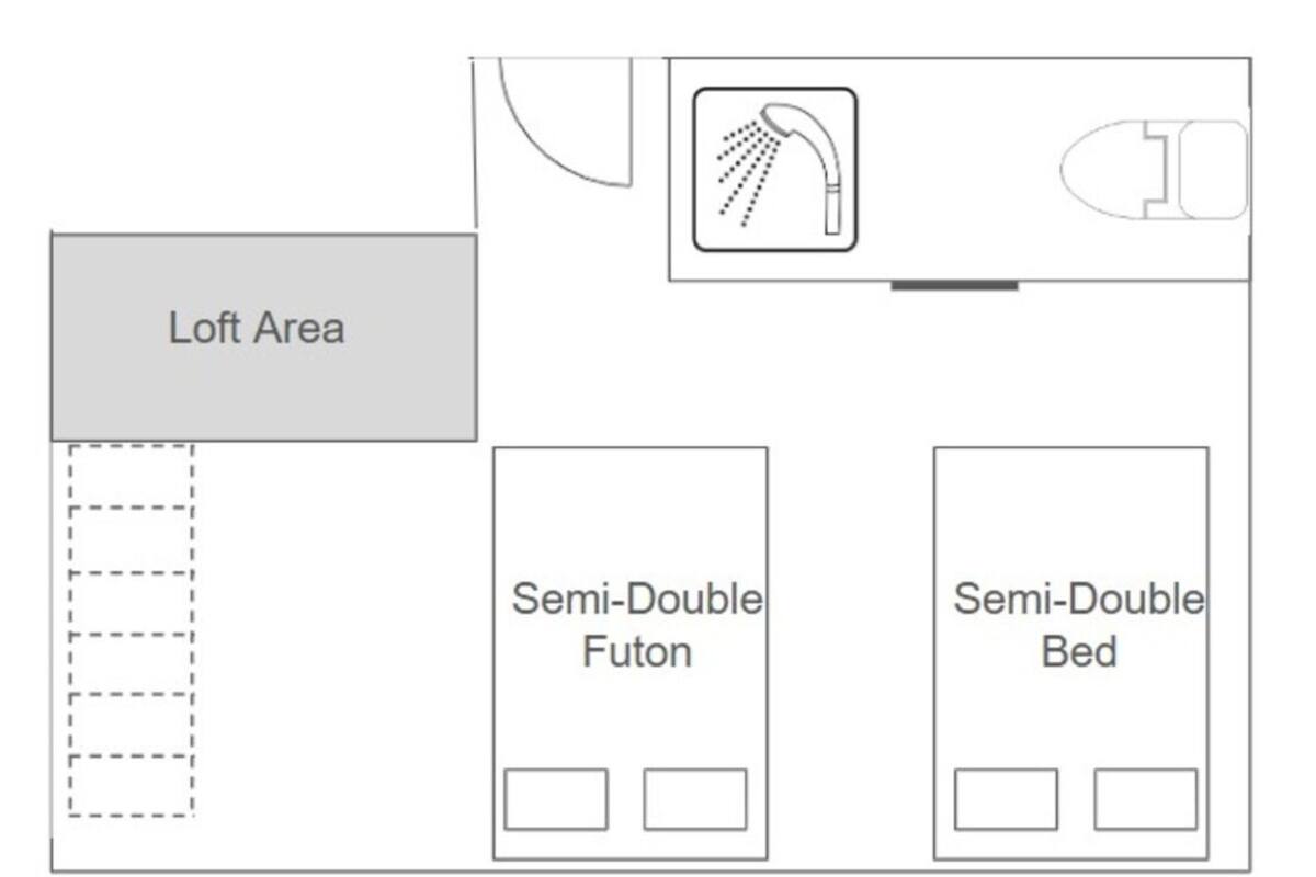 A floor plan with a loft area, two semi-double futons, and a semi-double bed.