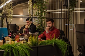 Um escritório com mesas, computadores e plantas.