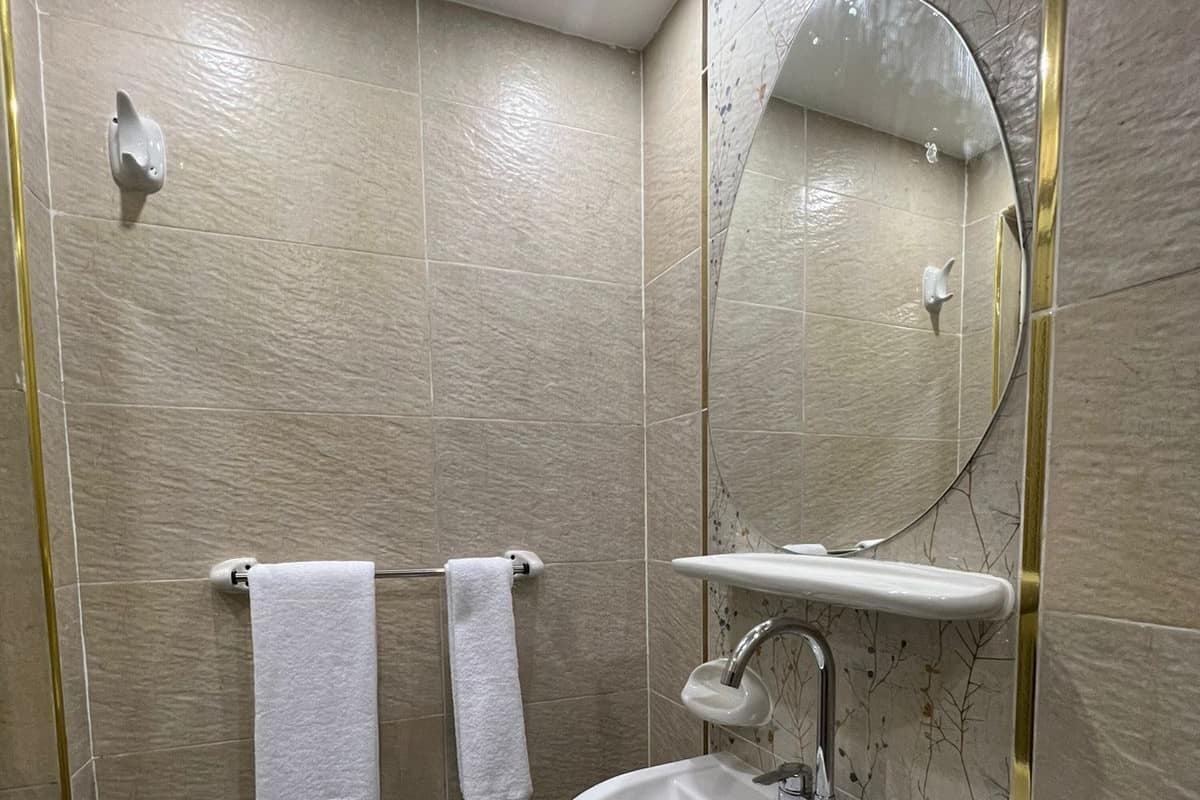 Shower, rainfall showerhead, hair dryer, slippers