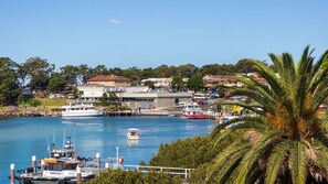 A marina with boats docked, a building with a flat roof, and a palm tree in the foreground.