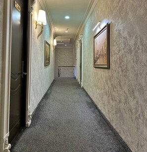Un pasillo de hotel con piso alfombrado, obras de arte enmarcadas en las paredes y una puerta con el número 206.