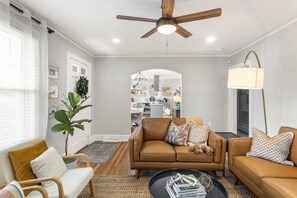 Smart TV, fireplace, books