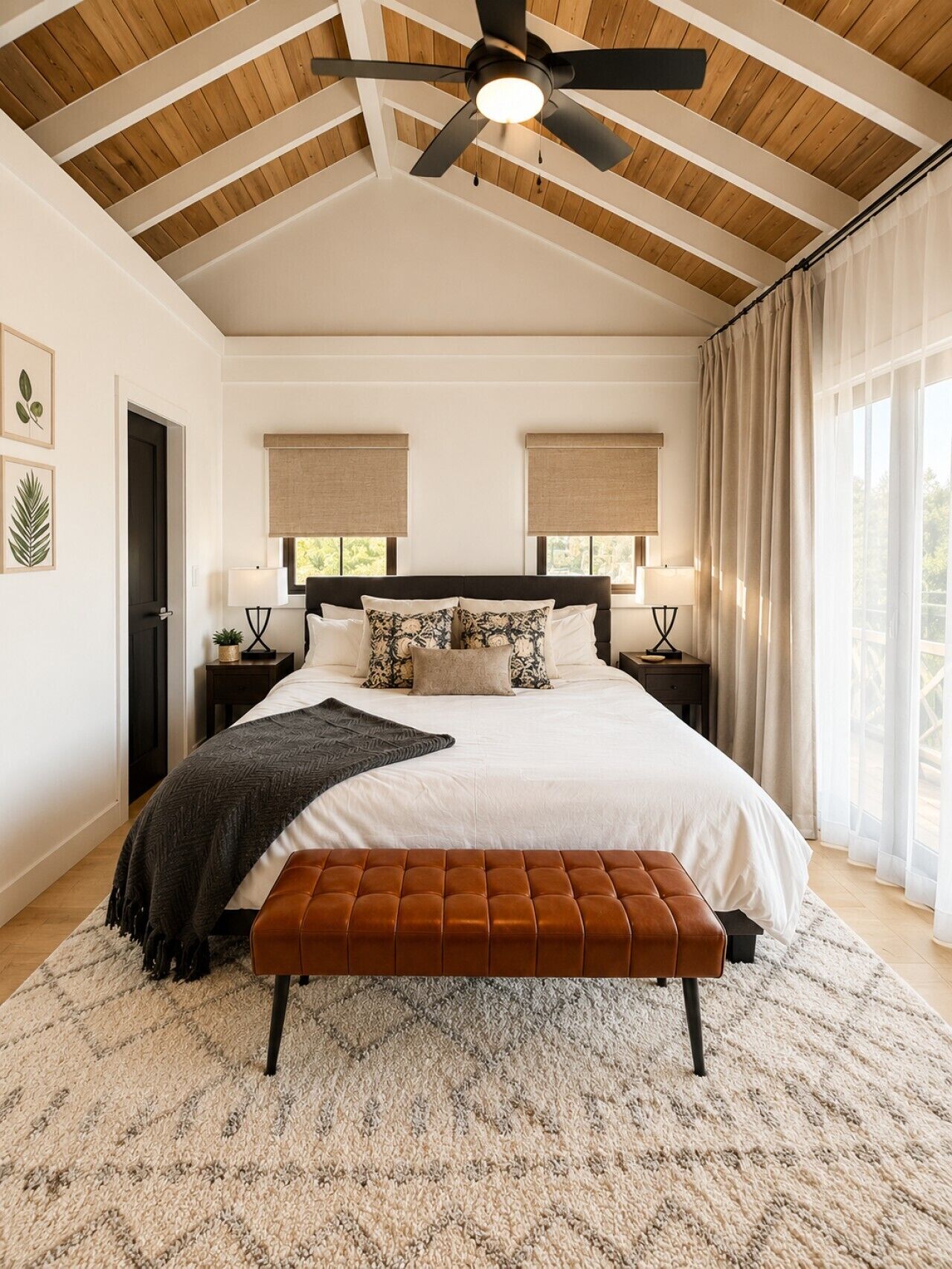 A bedroom with a large bed, two bedside tables, a ceiling fan, and a window with curtains.