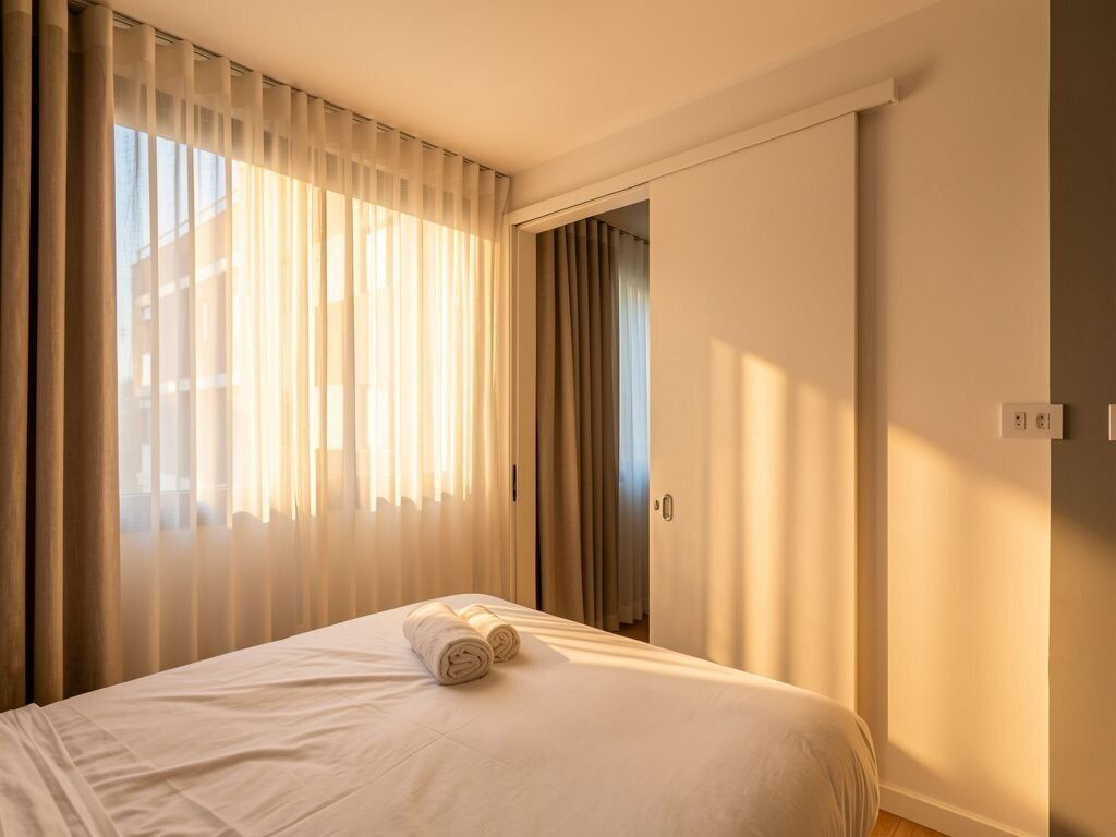 Quarto de hotel com cama, cortinas e porta.