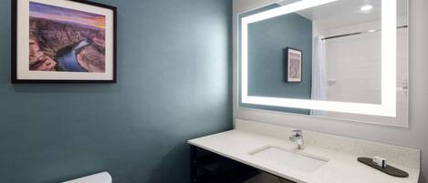 A bathroom with a framed landscape painting, a large mirror, and a white sink.