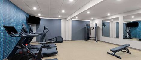 A gym with treadmills, elliptical machines, a bench, and a squat rack.
