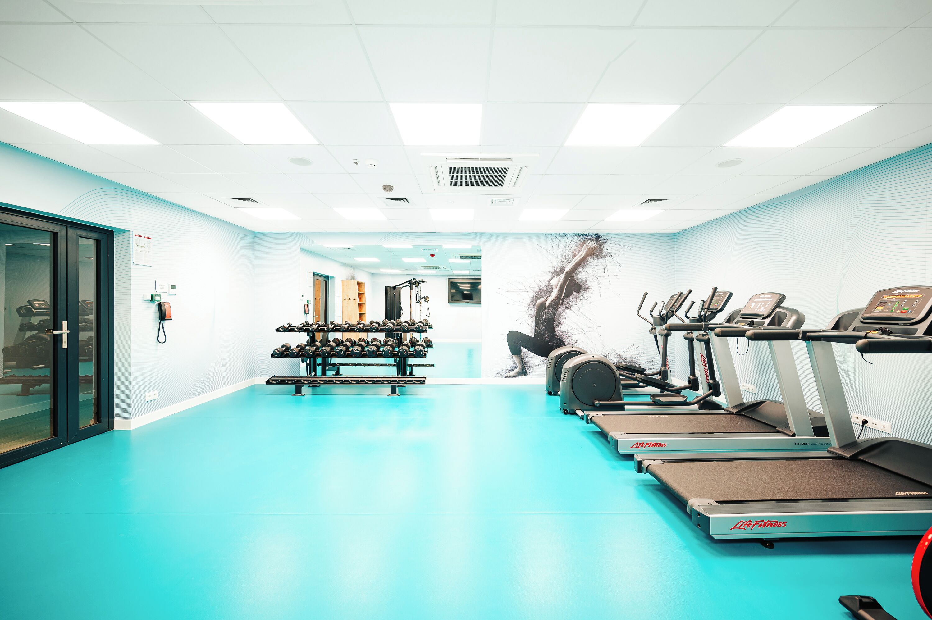 A gym with treadmills, dumbbells, and a mirrored wall.