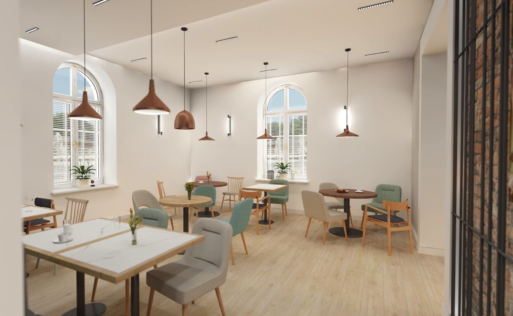 Un espace de restauration moderne, doté de plusieurs tables et chaises, de grandes fenêtres équipées de volets et d’un éclairage suspendu.