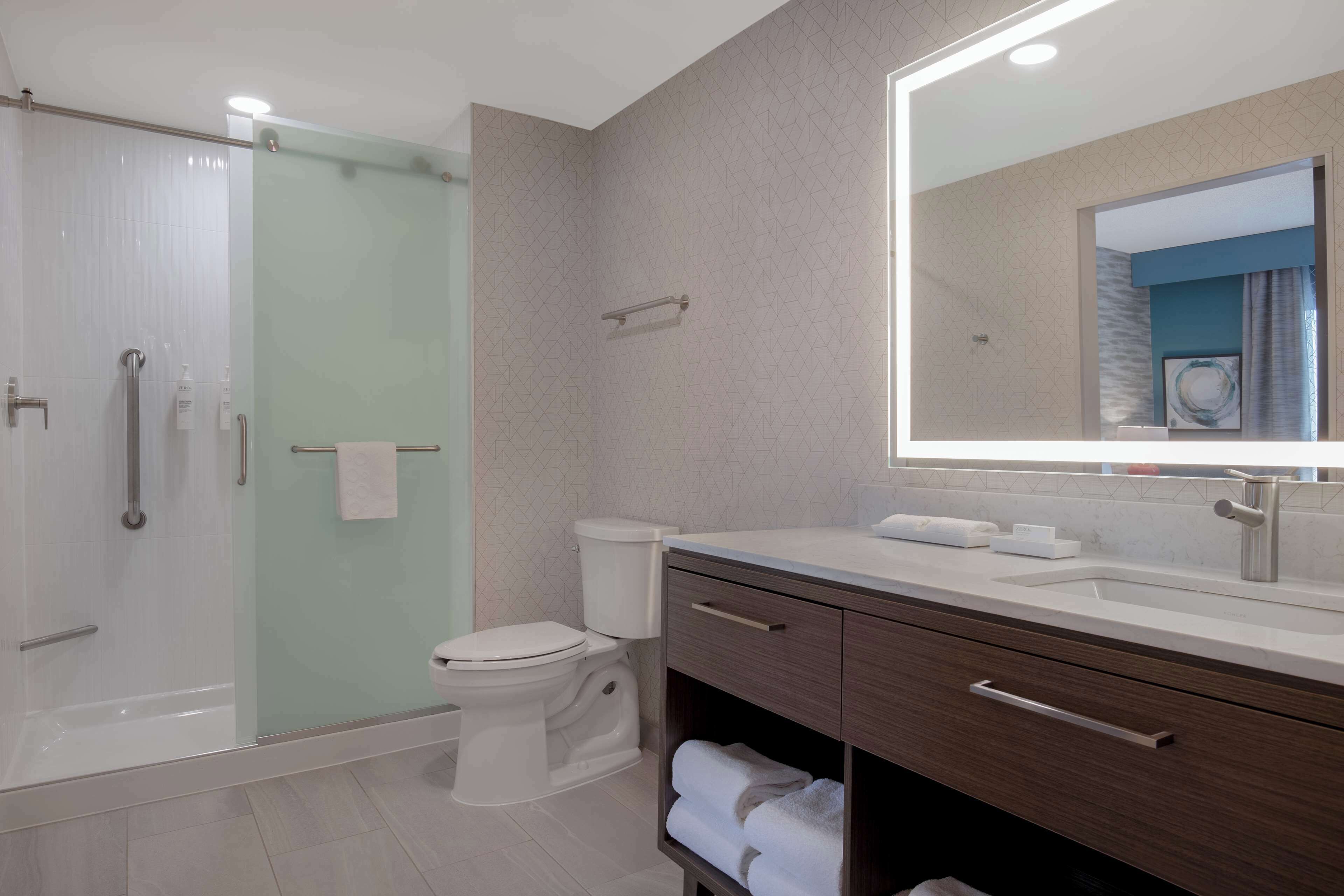 A modern bathroom with a glass-enclosed shower, a toilet, and a vanity with a mirror.