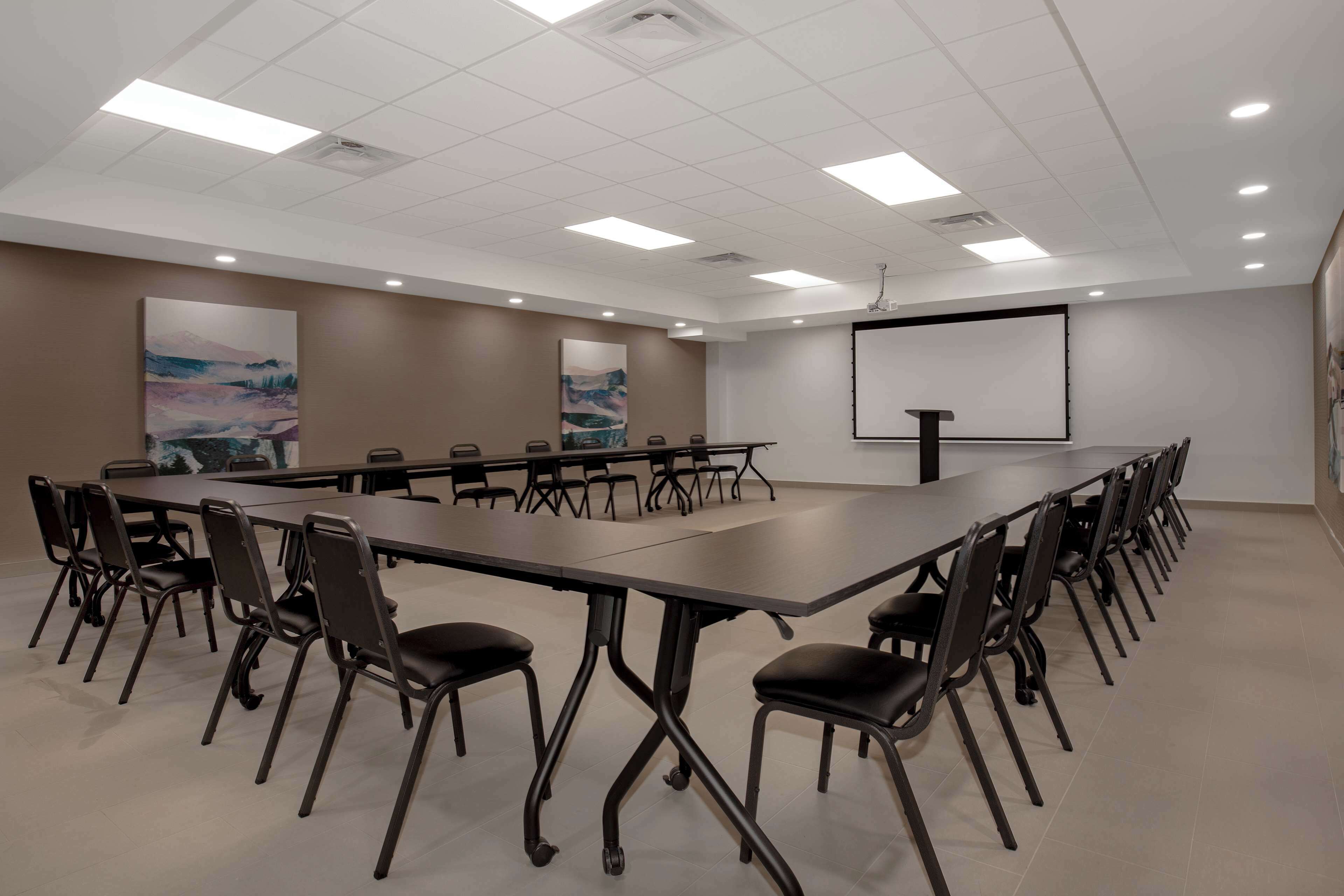 A conference room with a long table, chairs, a projector screen, and two large paintings on the walls.