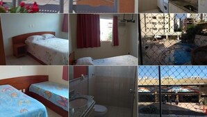 Ein Wohnzimmer mit Sofa, ein Esstisch mit Stühlen, eine Küche mit Schränken und Geräten, ein Schlafzimmer mit Bett und Nachttisch, ein Badezimmer mit Waschbecken und Toilette sowie der Blick auf einen Swimmingpool durch einen Zaun.