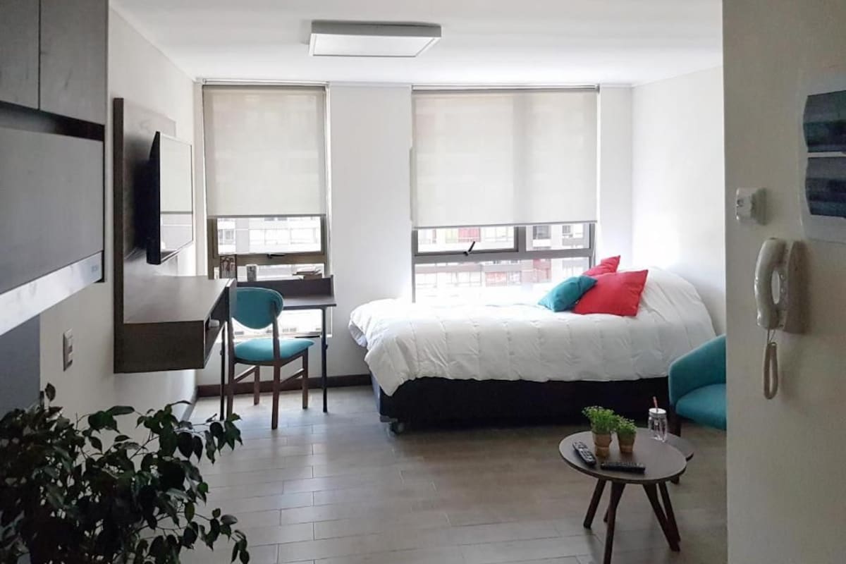 A modern hotel room with a bed, a desk, a chair, and a small table with a plant.