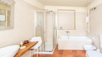 Regadera, secadora de cabello, bidet, toallas