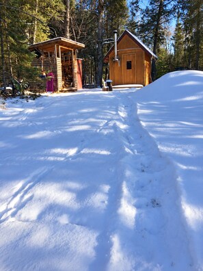 A cabin with a wooden exterior, a chimney, and a snow-covered ground.
