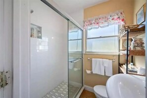 Hair dryer, towels, soap, shampoo