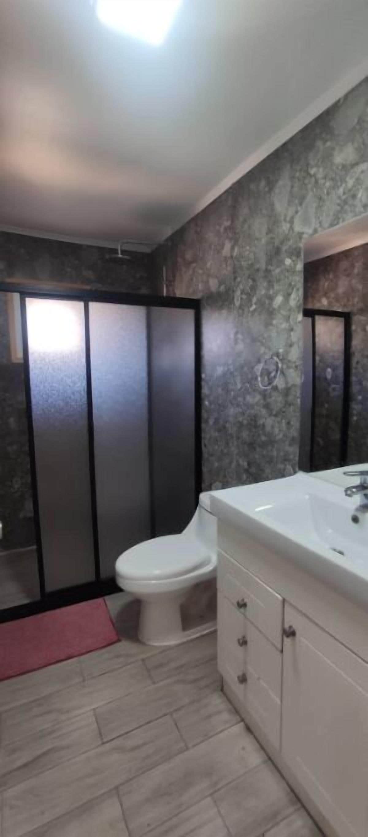 Un baño con inodoro, lavamanos y espejo.
