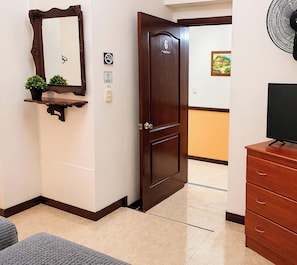 A hallway with a wooden door, a mirror, a potted plant, a wall-mounted light switch, and a television on a wooden stand. - Hospedaje Camino Real (Salento)