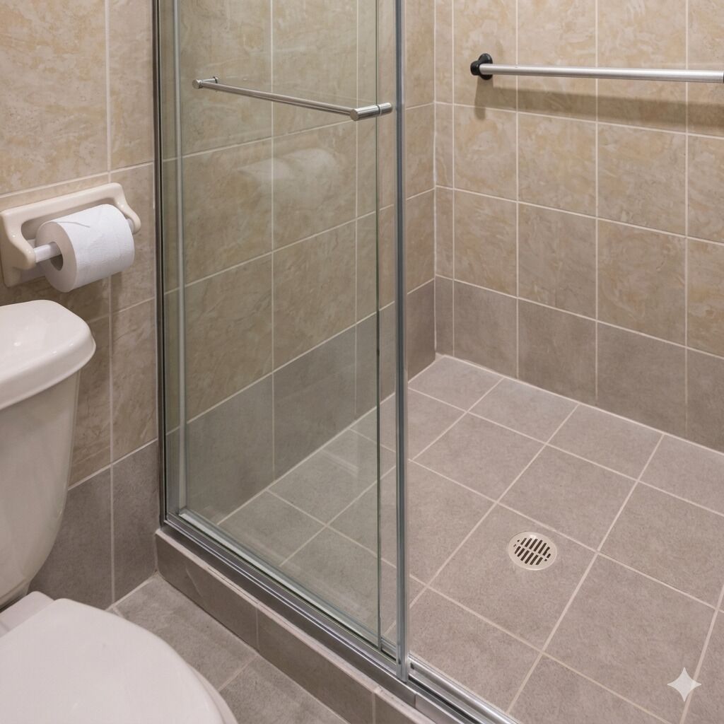 A bathroom with a glass shower enclosure, a toilet, and a towel rack.