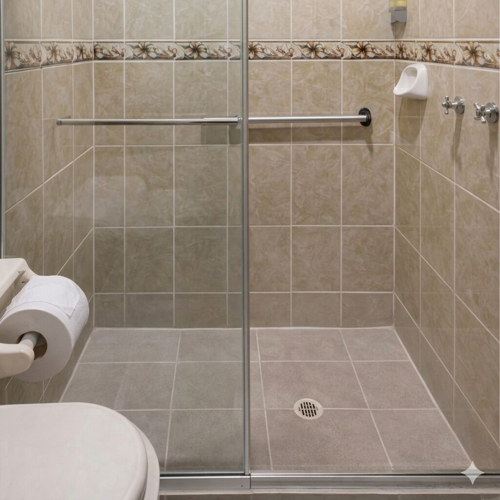 A shower stall with a glass door, a handrail, a toilet paper dispenser, and a urinal.