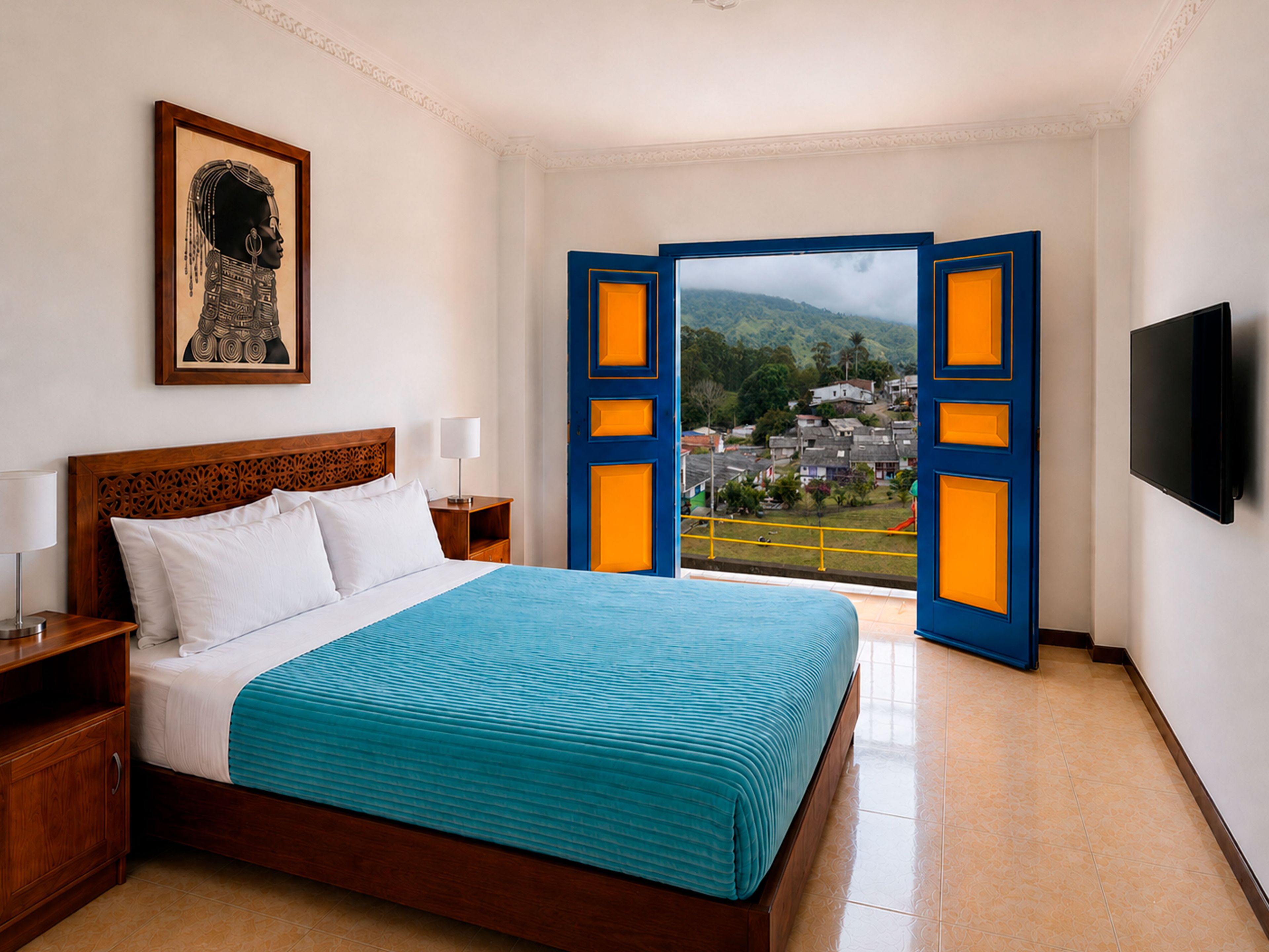 Habitación de hotel con cama, mesita de noche, televisor y un amplio ventanal con vistas a un pueblo.