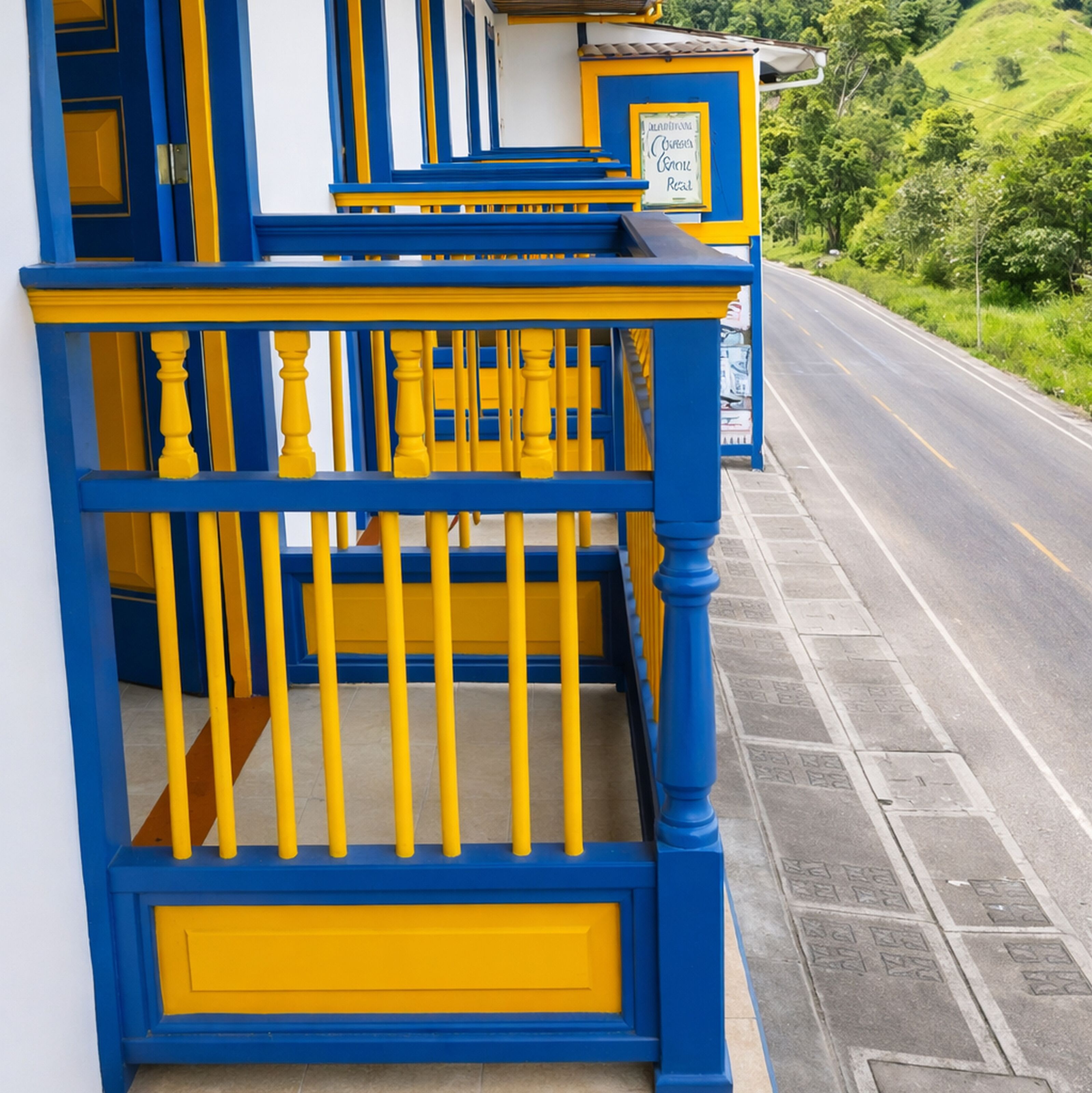 Un bâtiment à la façade bleue et jaune, une enseigne avec du texte, et une route bordée de verdure en arrière-plan.