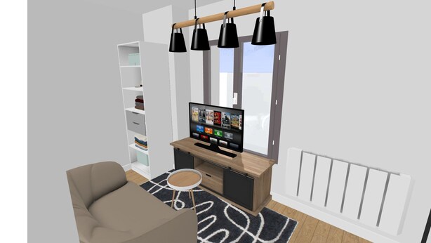 A modern living room with a TV, a sofa, a coffee table, and a bookshelf. - Appartement Cosy au Pied de La Défense (Courbevoie)