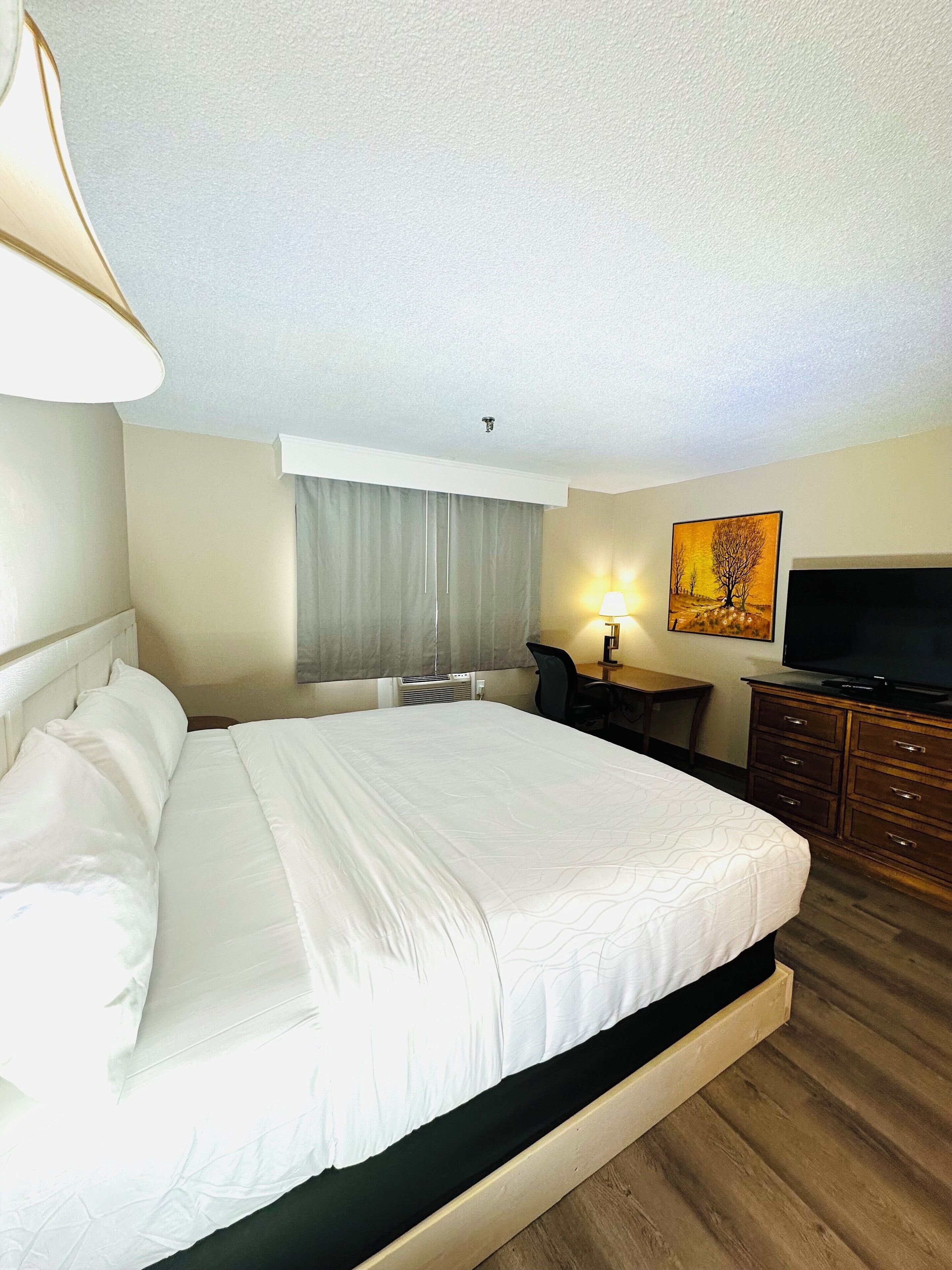 A hotel room with a large bed, a desk, a chair, a television, and a painting on the wall.