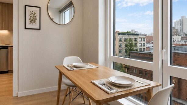 Un comedor moderno con una mesa de madera, sillas blancas, un espejo redondo y un cuadro en la pared.