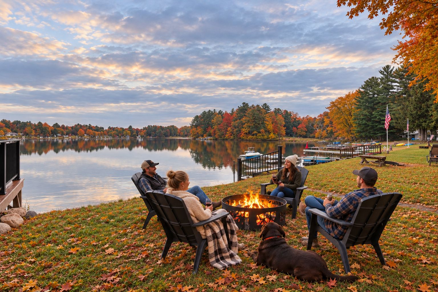 A lakeside setting with a fire pit, outdoor seating, and a dog.