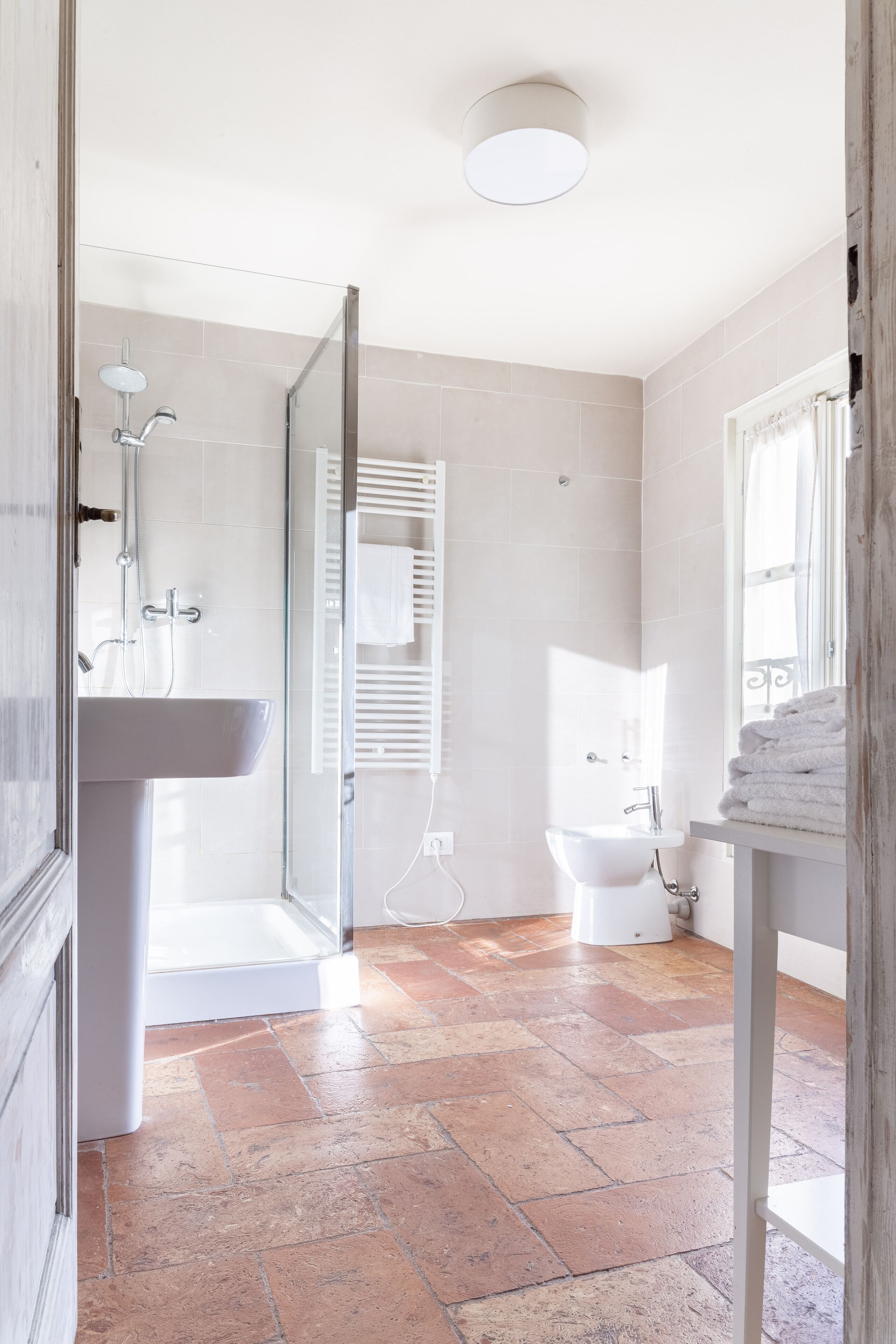 Shower, hair dryer, bidet, towels