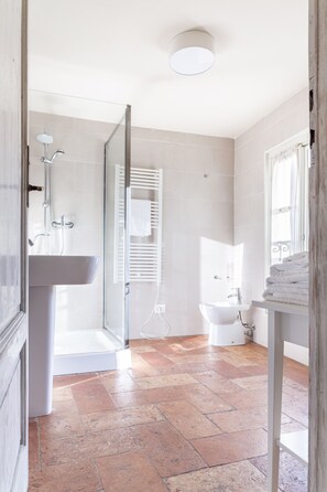 Regadera, secadora de cabello, bidet, toallas 