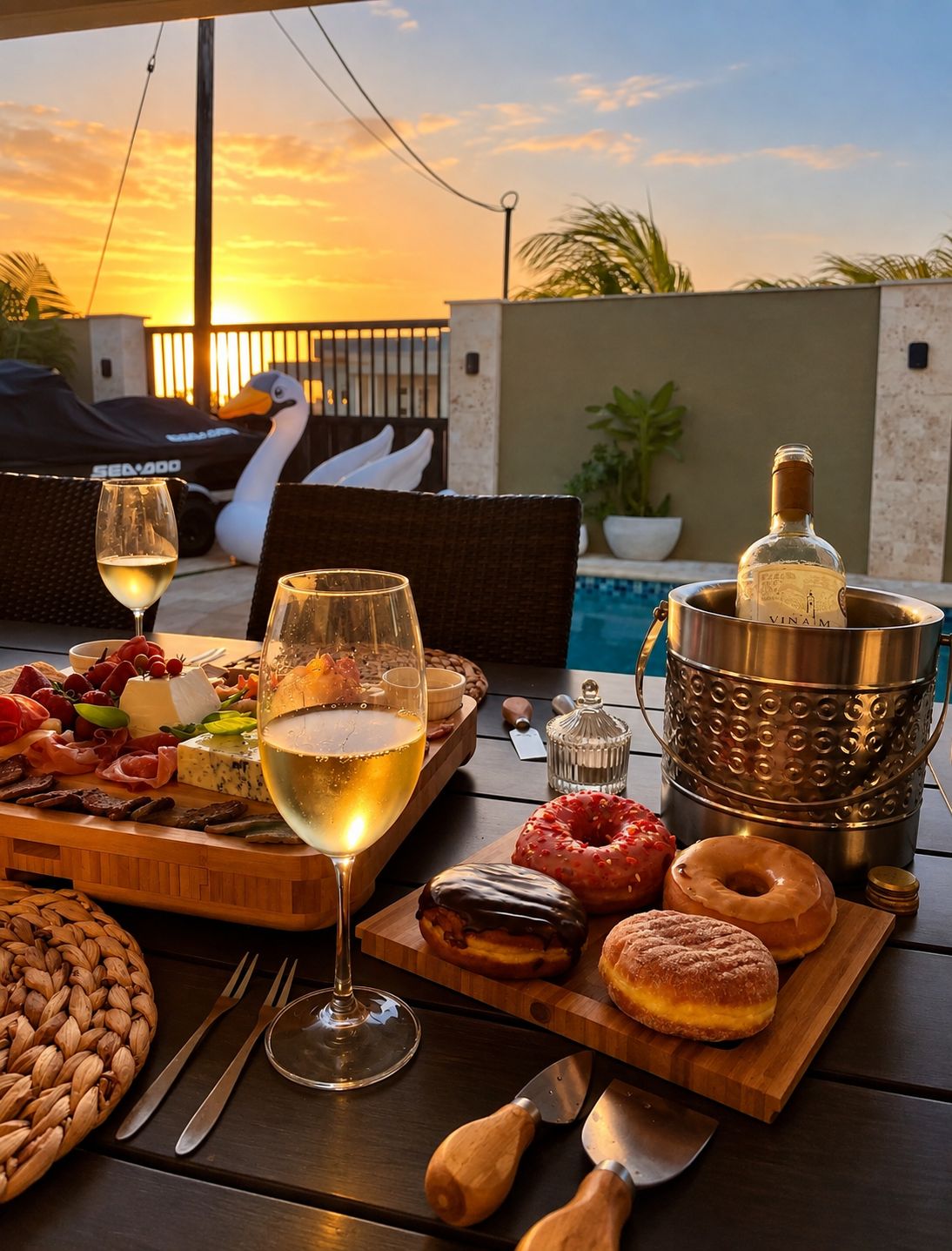 Un montaje para comer al aire libre con vistas al atardecer, que incluye una variedad de comida y bebidas.