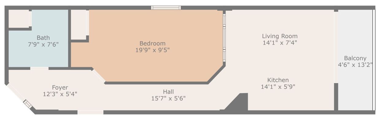 A floor plan with a bedroom (19'9" x 9'5"), living room (14'1" x 7'4"), kitchen (14'1" x 5'9"), balcony (4'6" x 13'2"), hall (15'7" x 5'6"), foyer (12'3" x 5'4"), and bathroom (7'9" x 7'6").