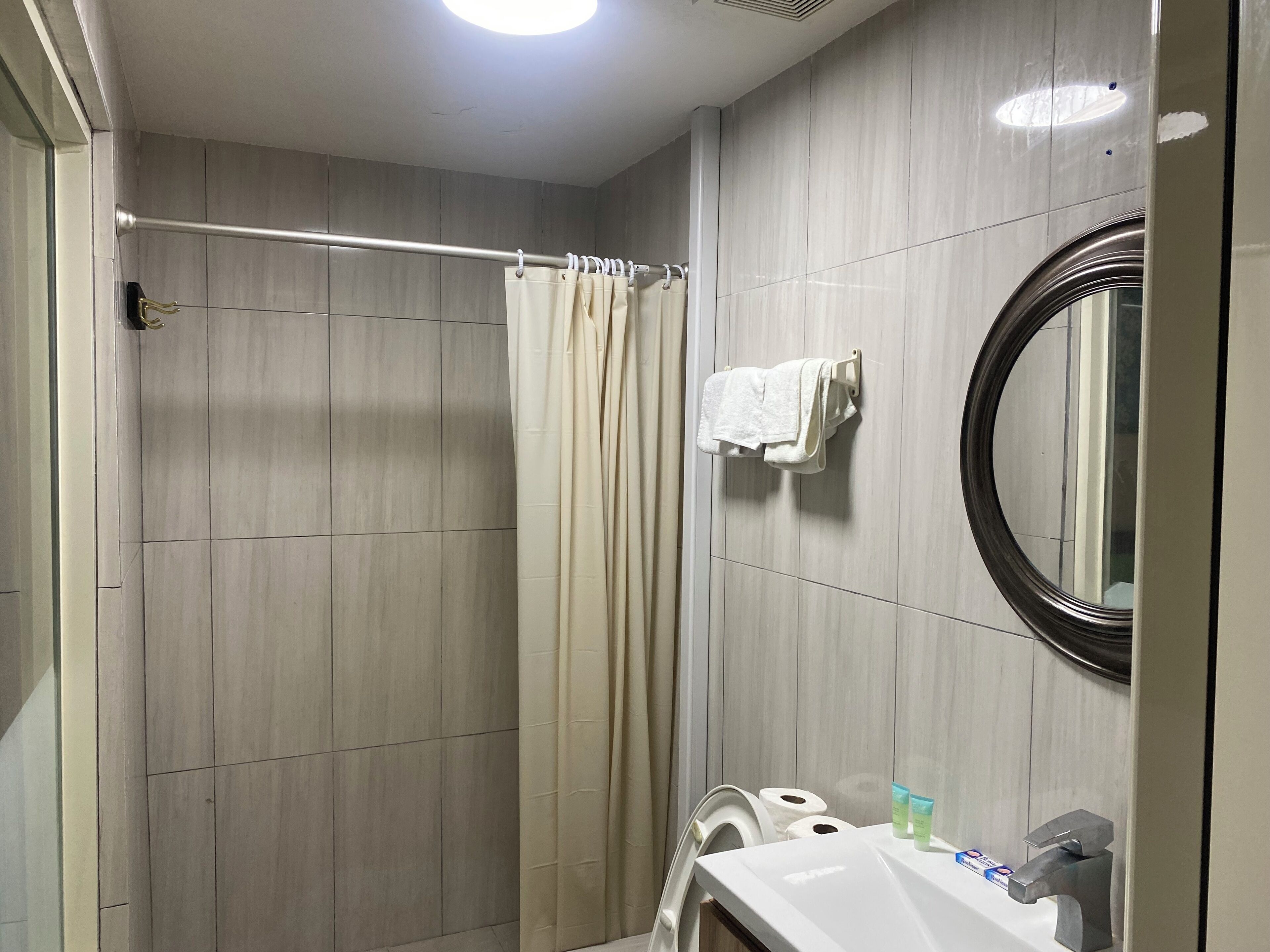 A modern bathroom with a shower, a toilet, a sink, and a mirror.