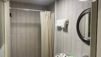 A modern bathroom with a shower, a toilet, a sink, and a mirror.