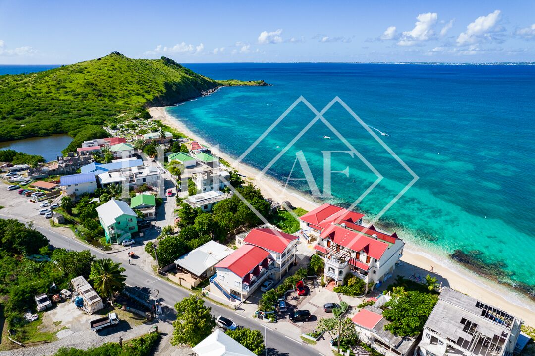 An aerial view of a coastal town with buildings, a beach, and a mountain.