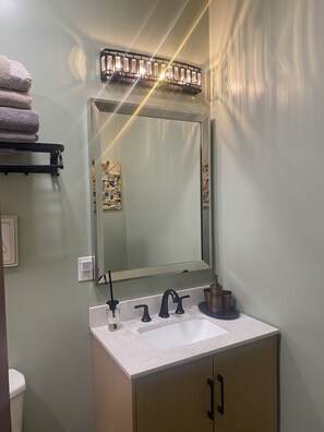 Hair dryer, towels, soap, toilet paper