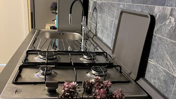Mikrowelle, Ofen, Herdplatte, Wasserkocher mit Kaffee-/Teezubehör