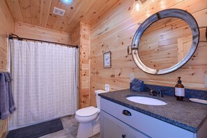 Shower, towels, soap, toilet paper