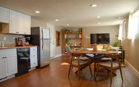Fridge, microwave, oven, stovetop. Cozy “Home Away From Home” 1 Bedroom basement Suite w Full Bathroom & laundry