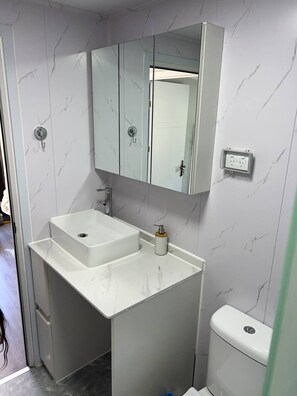 Douche, séchoir à cheveux, serviettes fournies, papier de toilette