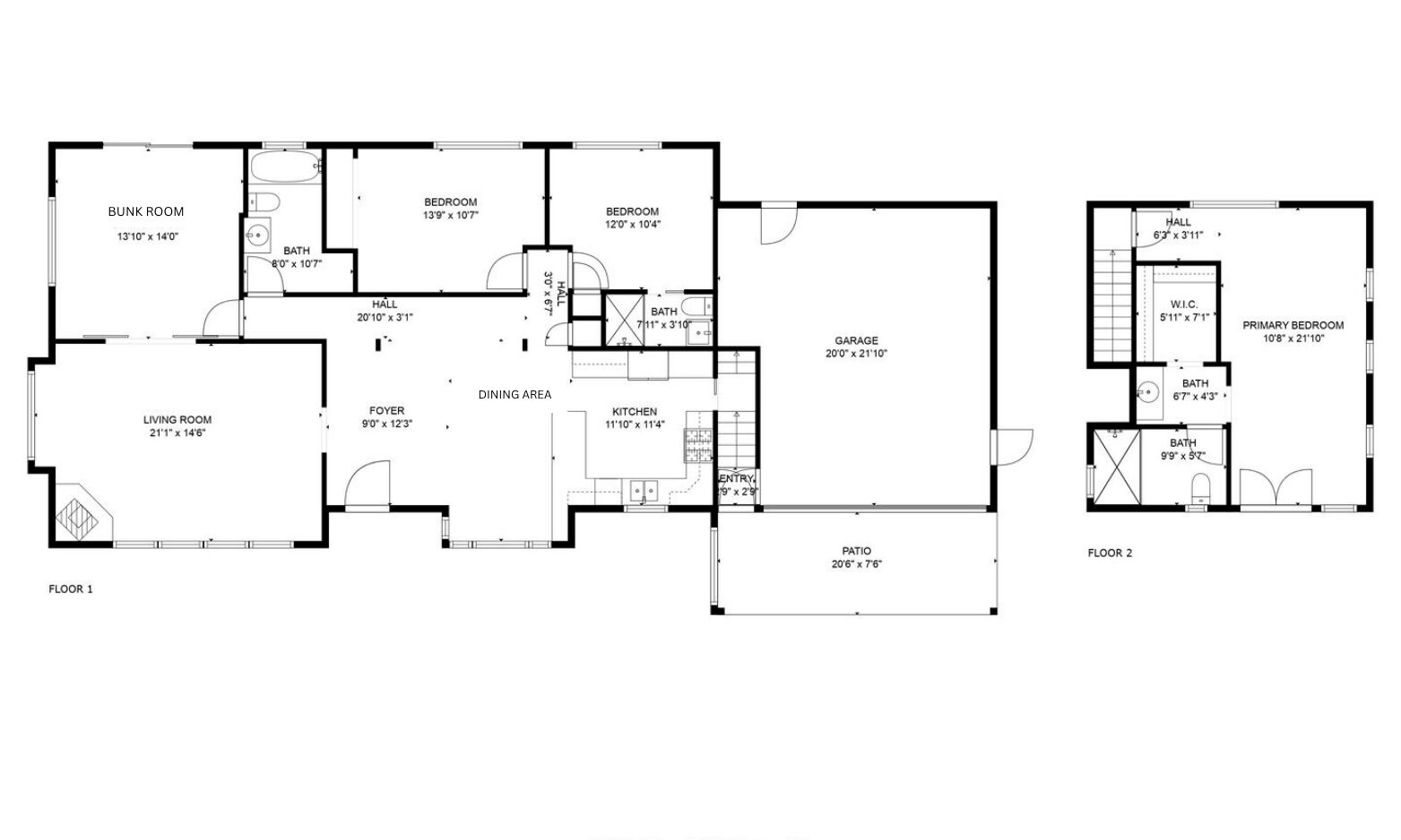 Plano de planta de una casa que incluye sala de estar, comedor, cocina, dos dormitorios, un baño, vestíbulo, garaje y patio.