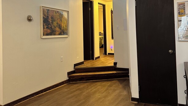A hallway with a wooden floor, a black door, and a framed picture on the wall.