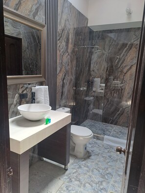 Family Room | Bathroom | Shower, rainfall showerhead, towels - Hotel Palmas De Alcalá (Alcalá)
