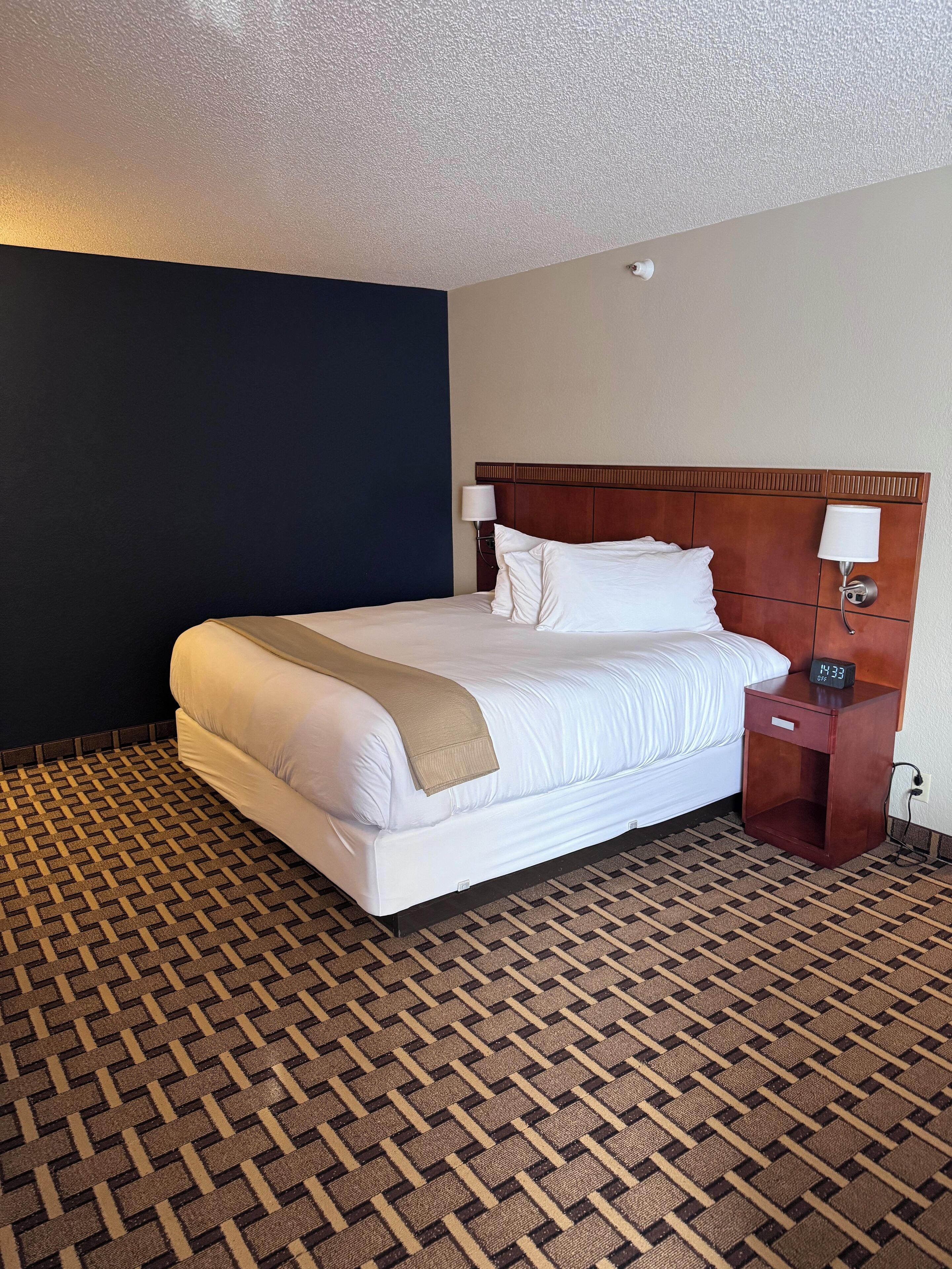 A hotel room with a large bed, two bedside tables, a headboard, and a patterned carpet.