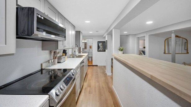 A modern kitchen with a black stovetop, stainless steel appliances, and wooden flooring. - Artful Heaven: Sleeps up to 6, Private Luxury ! (Pueblo)