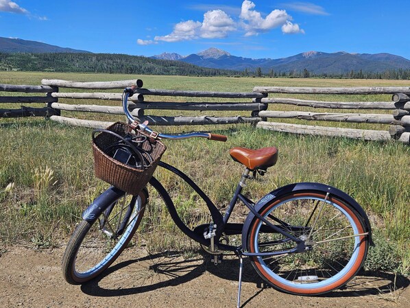 Una bicicleta con canasta y asiento, estacionada en un sendero de tierra con una valla de madera y un campo de hierba al fondo.