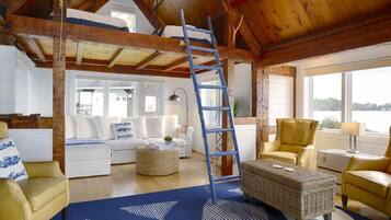 Smart TV, chimenea, libros y estéreo