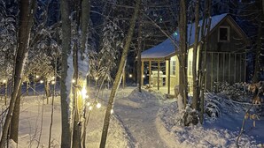 A snow-covered path leading to a house with a porch and string lights.