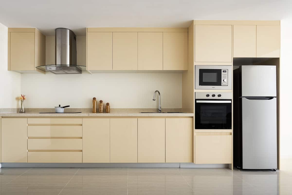 Fridge, microwave, oven, cookware/dishes/utensils